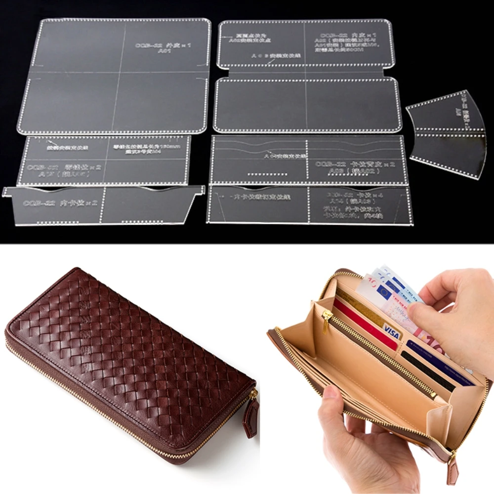 

7 Pcs DIY Acrylic Clear Multi Pocket Long Zip Purse Wallet Stencil Templates