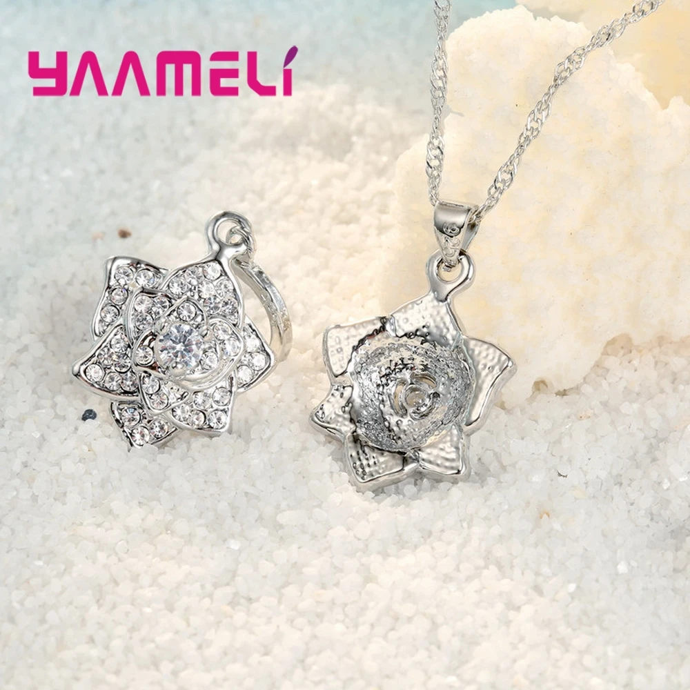 925 Sterling Silver Necklace&Earrings Set Natural Garden Sweet Style Flower Stamen Modeling For Girlfriend Gift