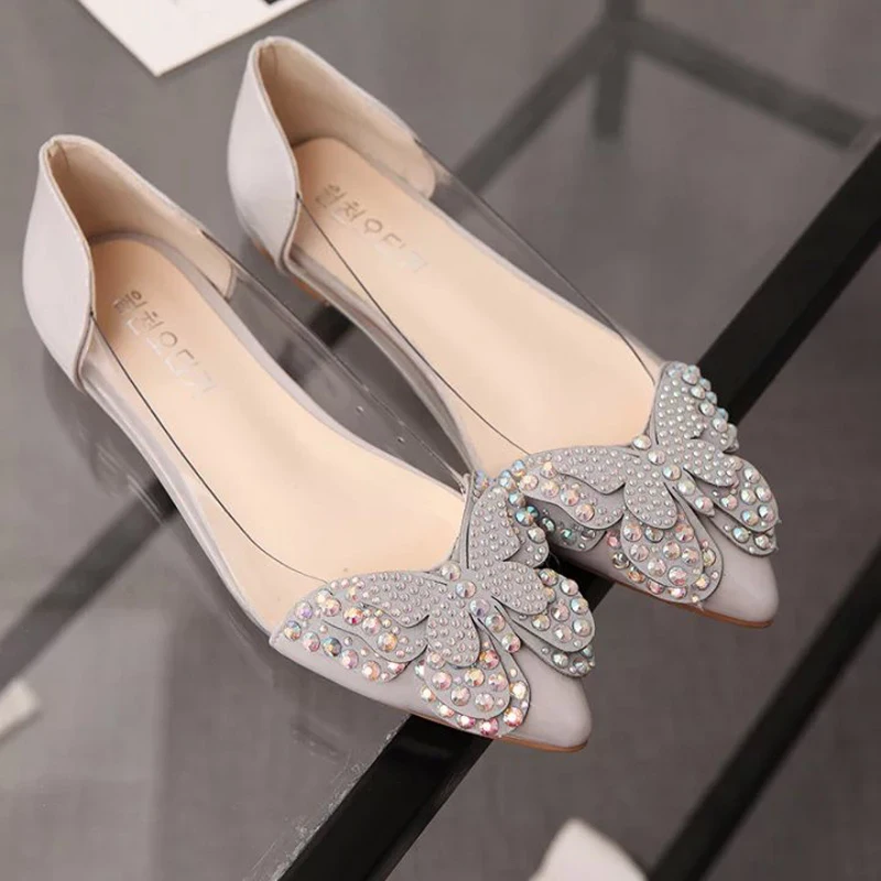 Rhinestone Ballets Flats Women Butterfly Pointed Toe Wedding Dress Shoes Loafers Female Crystal Summer Flat Shoes Zapatos