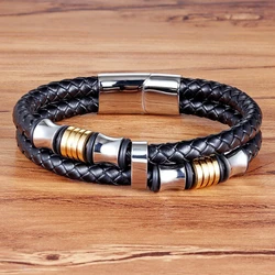 TYO Vintage Stainless Steel Wire Leather Male Bracelets Bangles For Men Double Layer Geometric Pattern Combination Bracelets