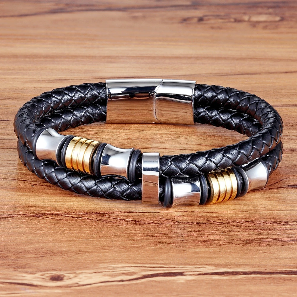 TYO Vintage Stainless Steel Wire Leather Male Bracelets Bangles For Men Double Layer Geometric Pattern Combination Bracelets