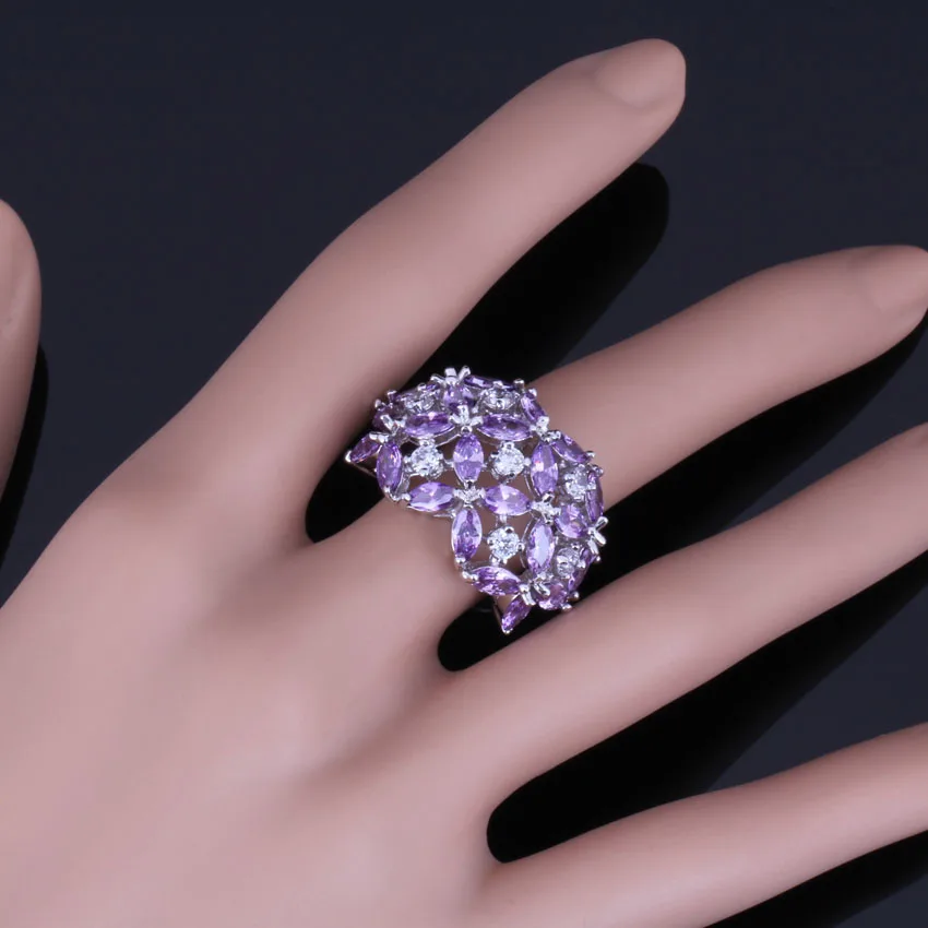 Adorable Purple Cubic Zirconia White CZ Silver Plated Ring V0495