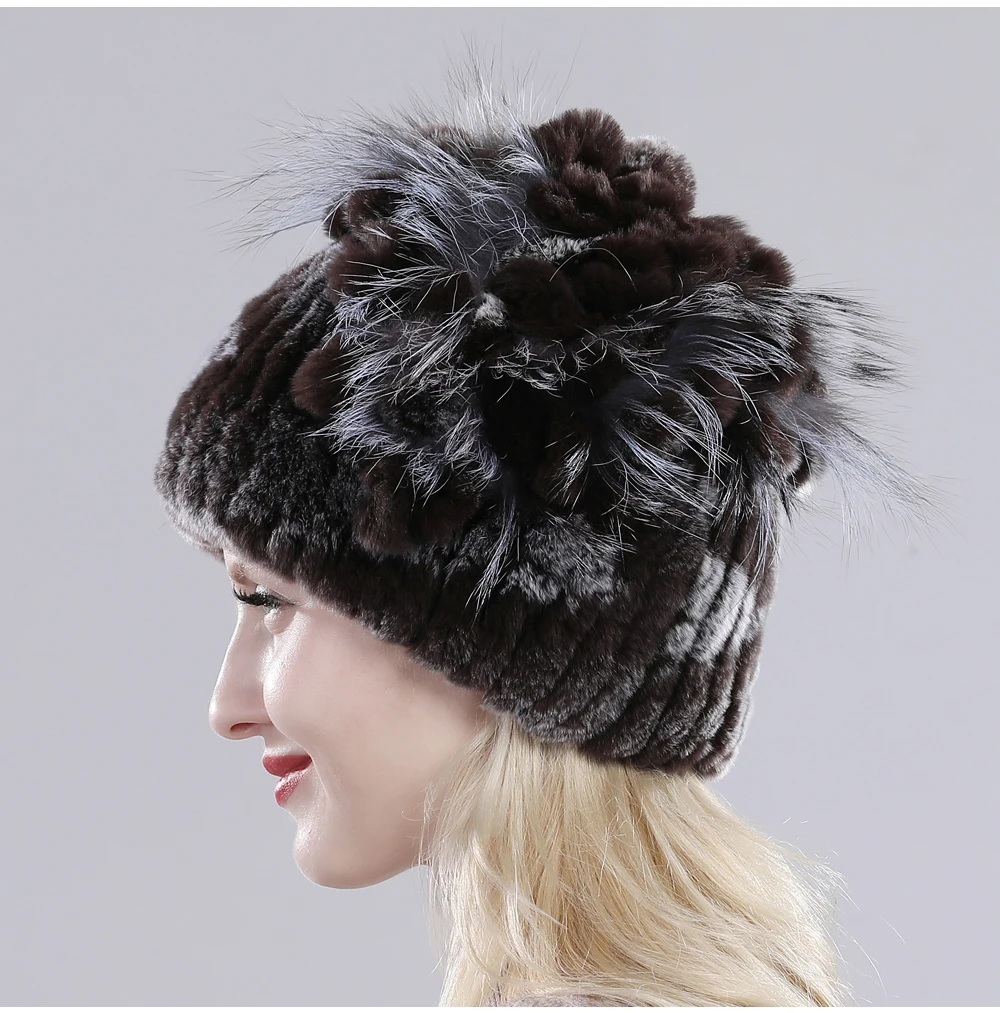 Neue Russische Damen Echt Rex-Kaninchenfell Mützen Luxuriöse Gestrickte Blumen Echte Rex-Kaninchenfell Kappe Winter Echt-Fell Beanie Mütze – Detail 35