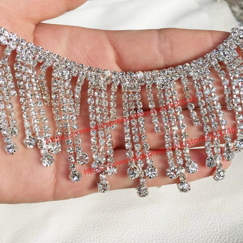 1 yard/pack 4.5cm white crystal rhinestone long tassel chain for bags garment dangle trims for bridal wedding dress decoration