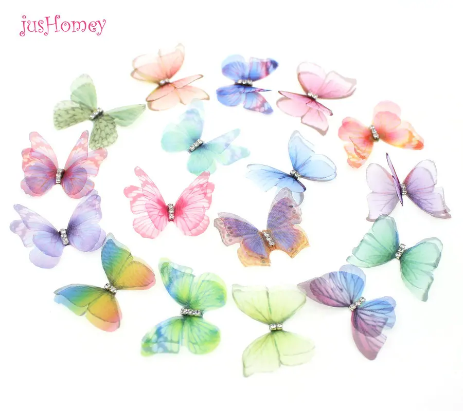 100PCS Gradient Color Organza Fabric Butterfly Appliques Translucent Chiffon Butterfly for Party Decor, Doll Embellishment