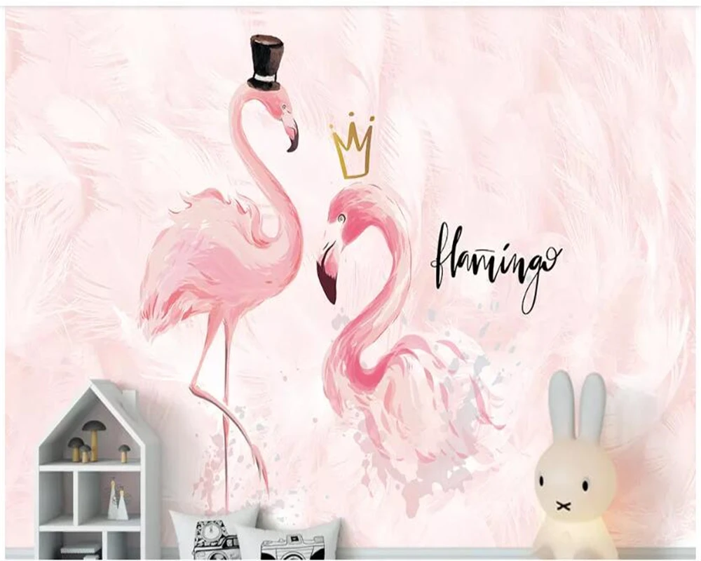 

beibehang Customized Nordic ins pink couple flamingo children room background wall papel de parede wallpaper papier peint mural