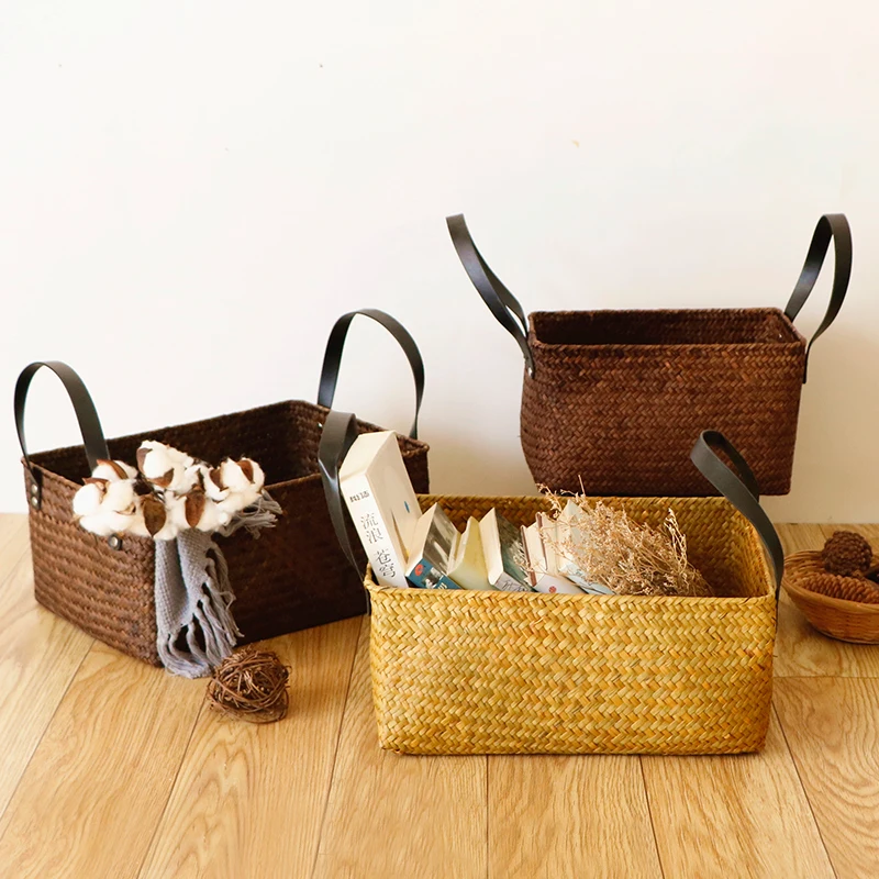 Seaweed Woven Storage Box Retro Rectangular Rattan Bamboo Storage Box Storage Basket Bathroom Finishing Basket