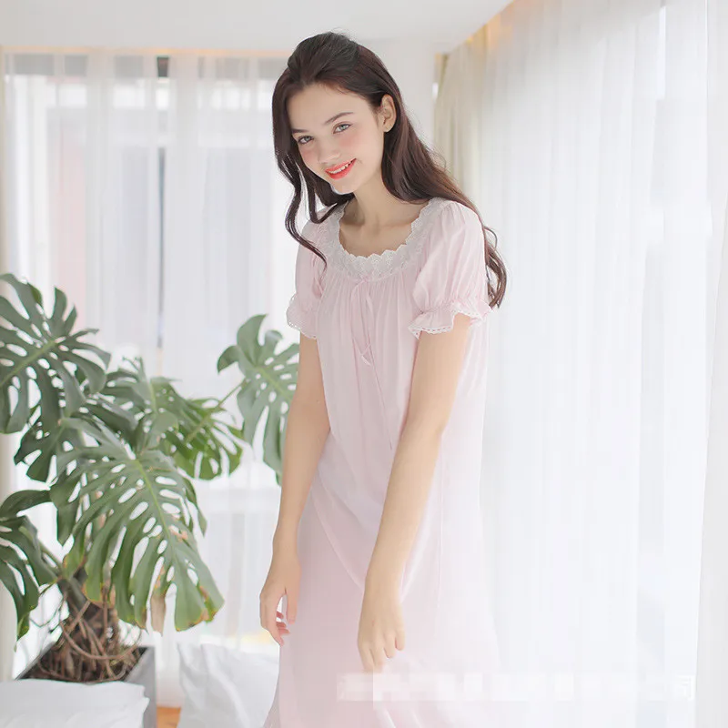 Women Sweet princess summer cotton short sleeve nightgown Lady long brought sexy short-sleeved Homewear Vestidos 17159