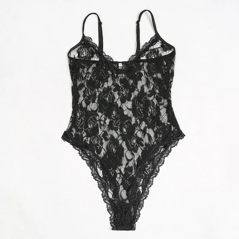 Spaghetti Strap Lace Bodysuit Sexy Plunge V neck Body Top Bodysuit Women Jumpsuit Romper See Through