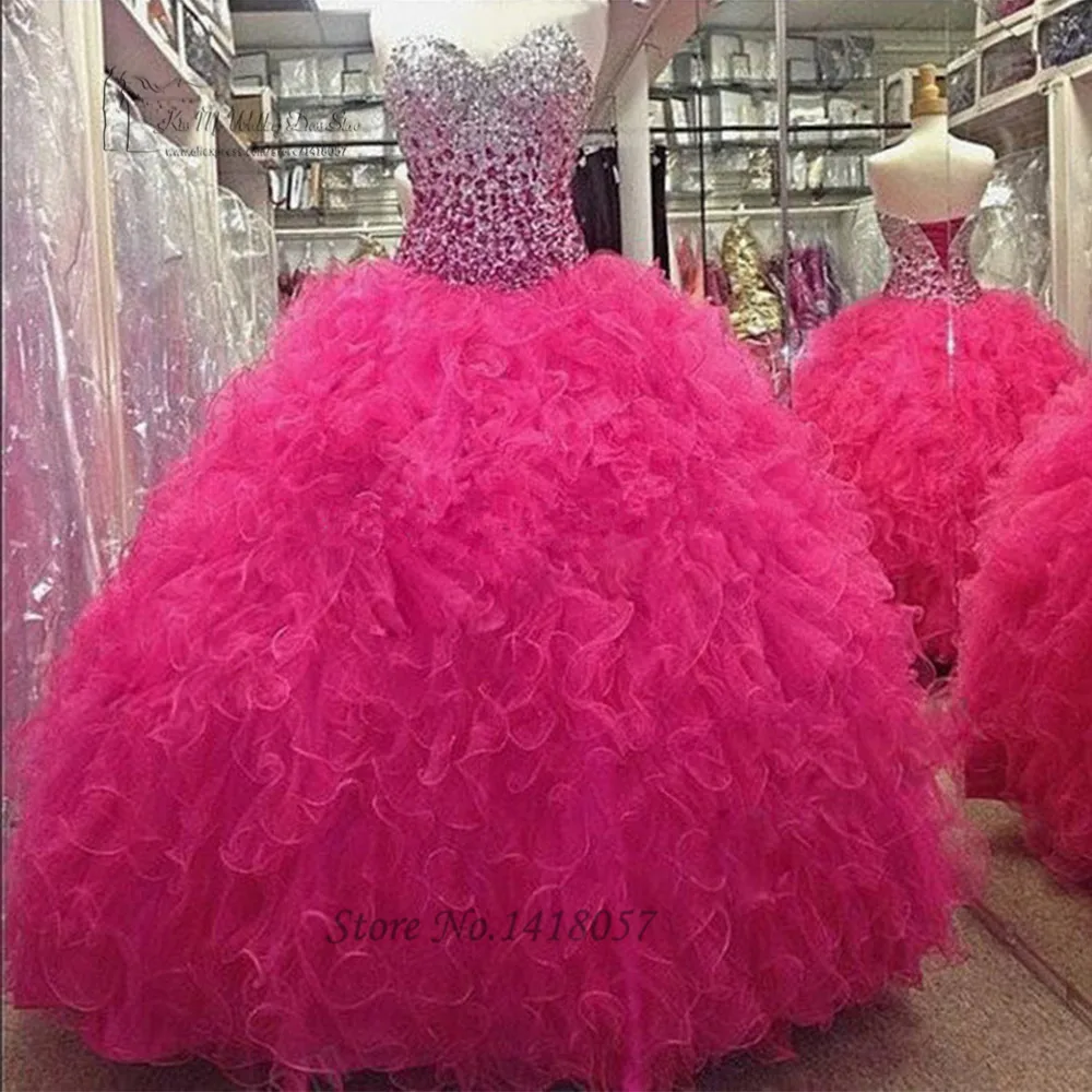 Gaun Quinceanera Murah Vestidos De 15 Anos Gaun Quinceanera Kristal Fushcia 2016 Gaun Debutan Organza Ruffle 16"