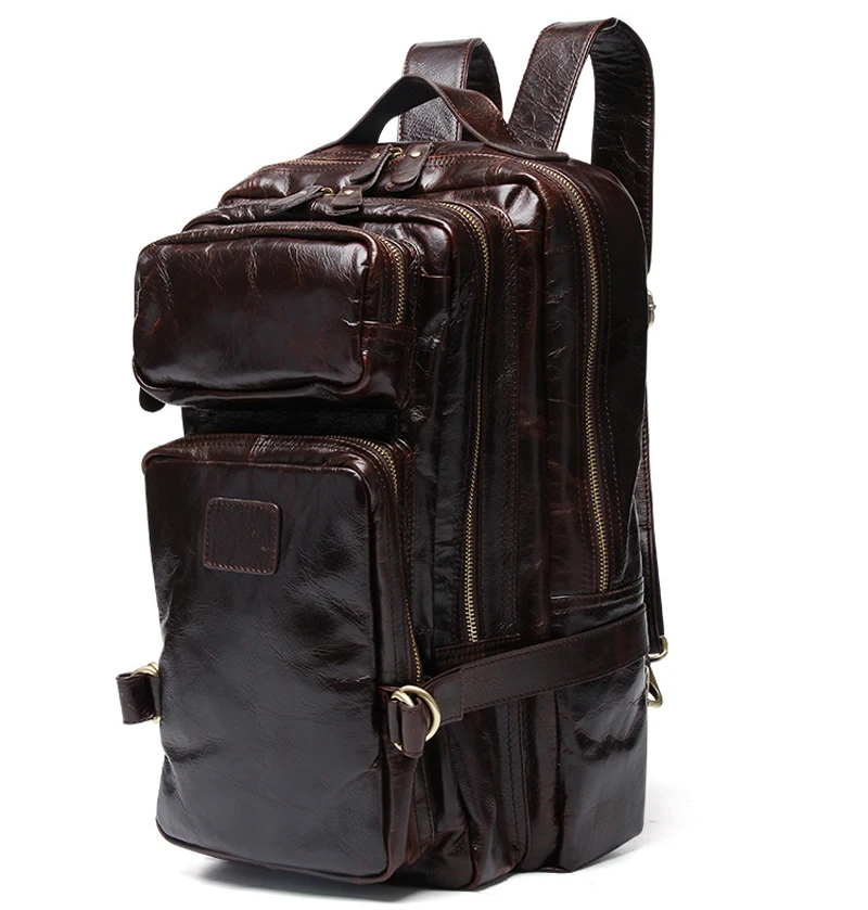 High Class Oil Waxed Genuine Leather Men Backpack Leather Travel Backpack men School Backpack male Mountaineering Bag Brown