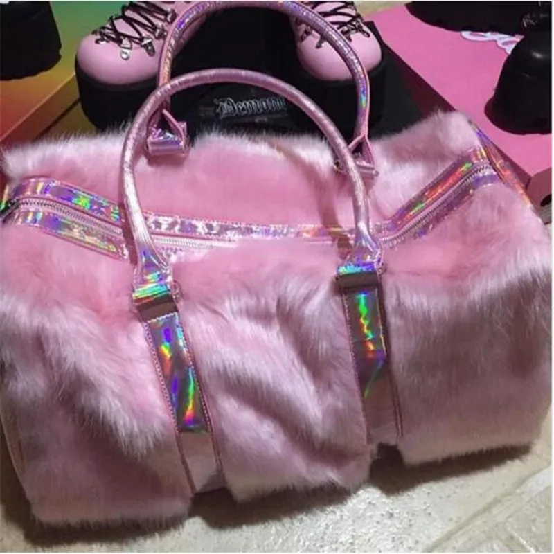 Sweet Girls Soft Rainbow Bags Faux Fur Women Tote Bags Large Capacity Laser Symphony Pink Shoulder BagsTravel Boston Bags