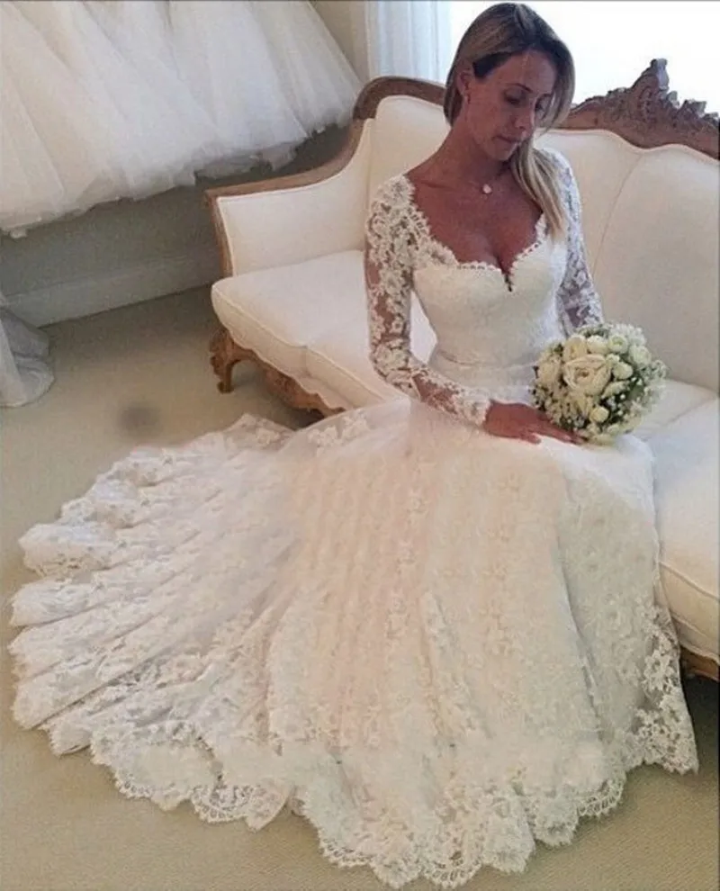 Vestido De Noiva Manga Longa Sexy V Neck Long Sleeve Mermaid Lace Wedding Dress Floor Length Bride Gown Custom Made