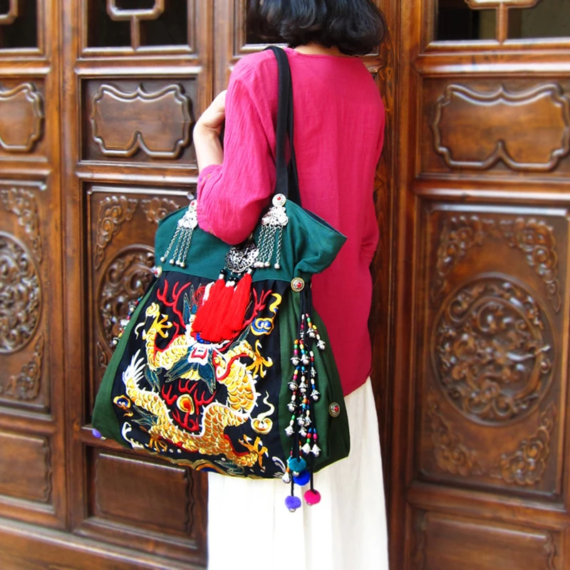 High quality Women\'s bag Green canvas shoulder bag Embroidery Ethnic bags DIY handmade beaded large designer women handbags