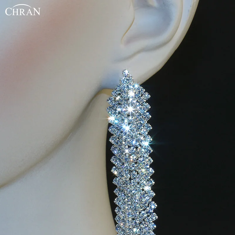 CHRAN Fashion Sparkling Rhinestone Chandelier Long Earrings for Women Prom Party Wedding Jewelry Bride Big Drop Earrings