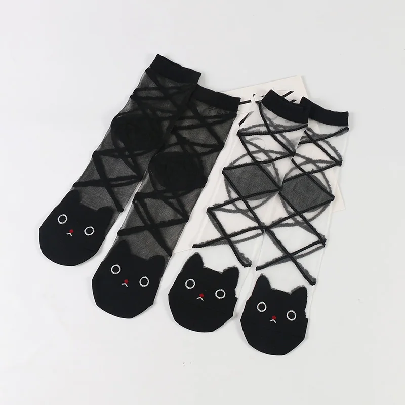 

DONG AI 2 Pairs New Lovely Cats Head Summer Glass Sox Fashion Women Girls Transparent Sock Black Glass Sheer Mesh Socks Hosiery