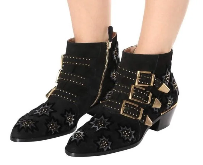 

Drop Shipping Fashion Women Black Buckle Zip Side Round Toe Star Low Heels Comfortable Rivets Plus Size Short Ankle Boots Lady