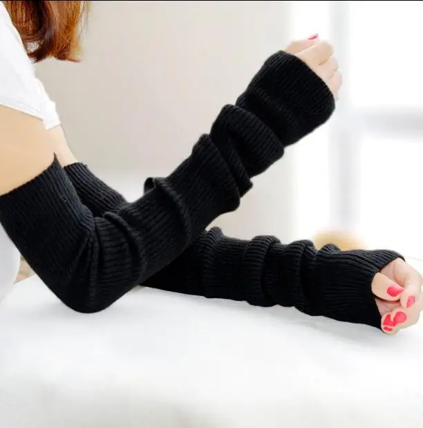 Women's wool knitted long gloves lady's elastic cashmere black long arm sleeve winter warm arm warmer 40cm 50cm 60cm R141