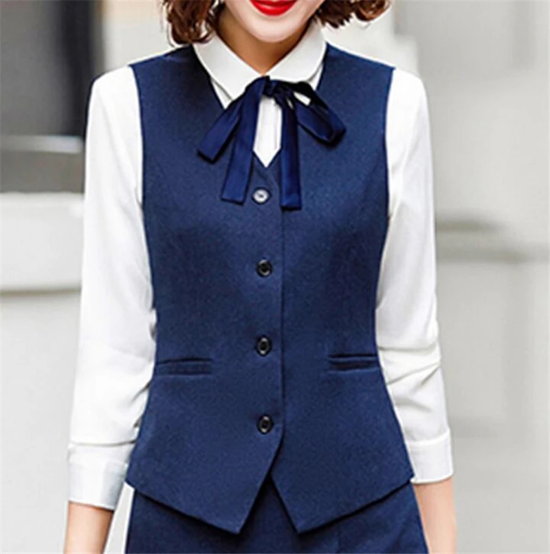 Formal Navy 3 Piece Sets Work Pant Suits OL Single Breasted Women Blazer Jacket & Zipper Trousers & Vest Suit For Women Set