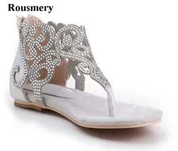 Summer Hot Selling Women Fashion Clip Toe Rhinestone Cut-out Flat Gladiator Sandals Crystal Beach Flat Sandals Silver Shoes