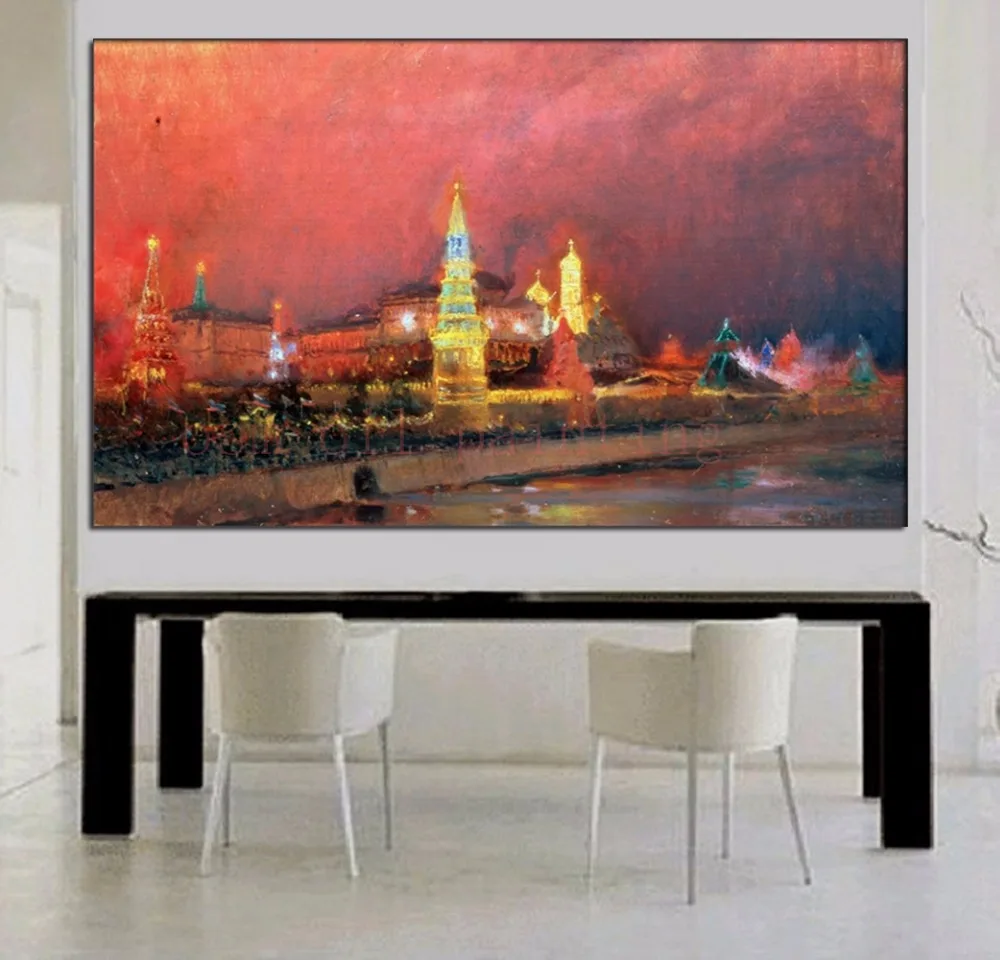 Handmade Beautiful City Landscape Oil Painting on Canvas Hang on the Wall Hand Painted Night City Street View Moscow Art Picture