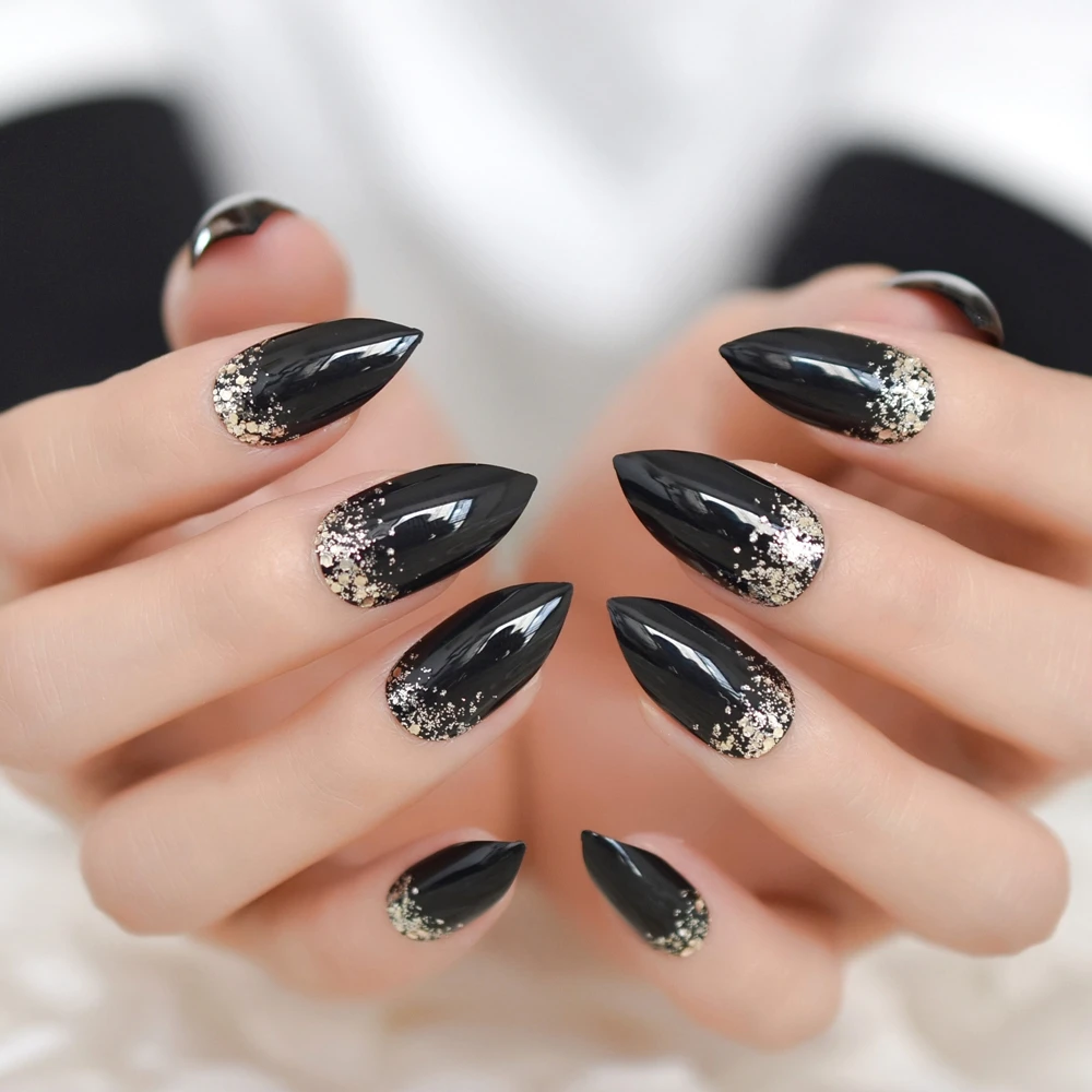 Purpurina Stiletto uñas negro puro medio uñas plata polvo decoración uñas acrílico pre-diseñado punta más afilada