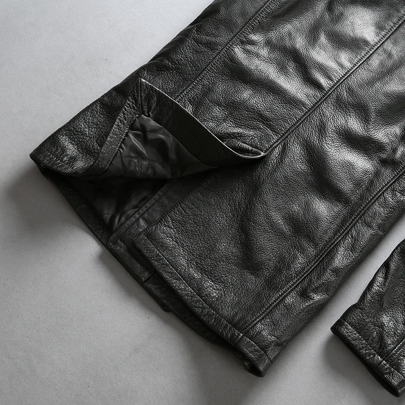 AVIREXFLY 2018 New Men Black Cow skin Genuine Leather Jacket Smart Casual Cowhide Double breasted Jacket Winter Coats