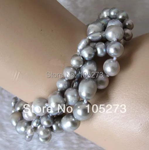 

Lovely Pearl Jewelry 4Rows 7.5inch AA 3-10MM Gray Baroque Off Round Natural Freshwater Pearl Bracelet Magnet Clasp Free Shipping