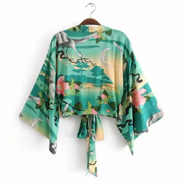 BOHO Women Bohemian Flower Crane Print Kimono Shirt Batwing Sleeve V-Neck Lacing Up Bow Tide Cardigan Blouse Femme Blusas