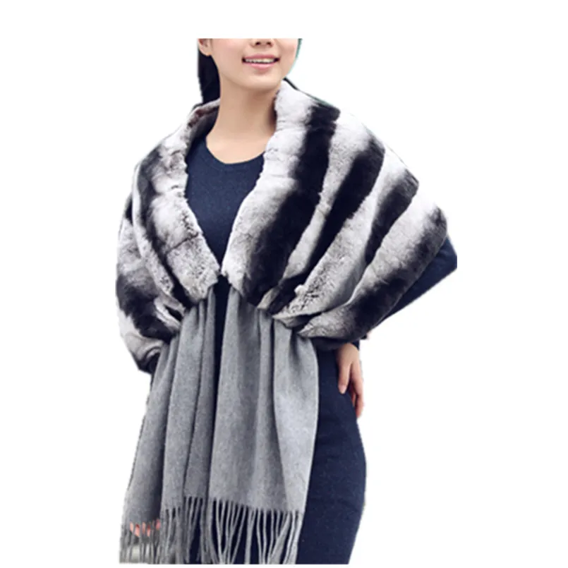 fur stoles spring and autumn all-match pashmina with tassel whole chinchilla color natural rex rabbit fur stoles F121