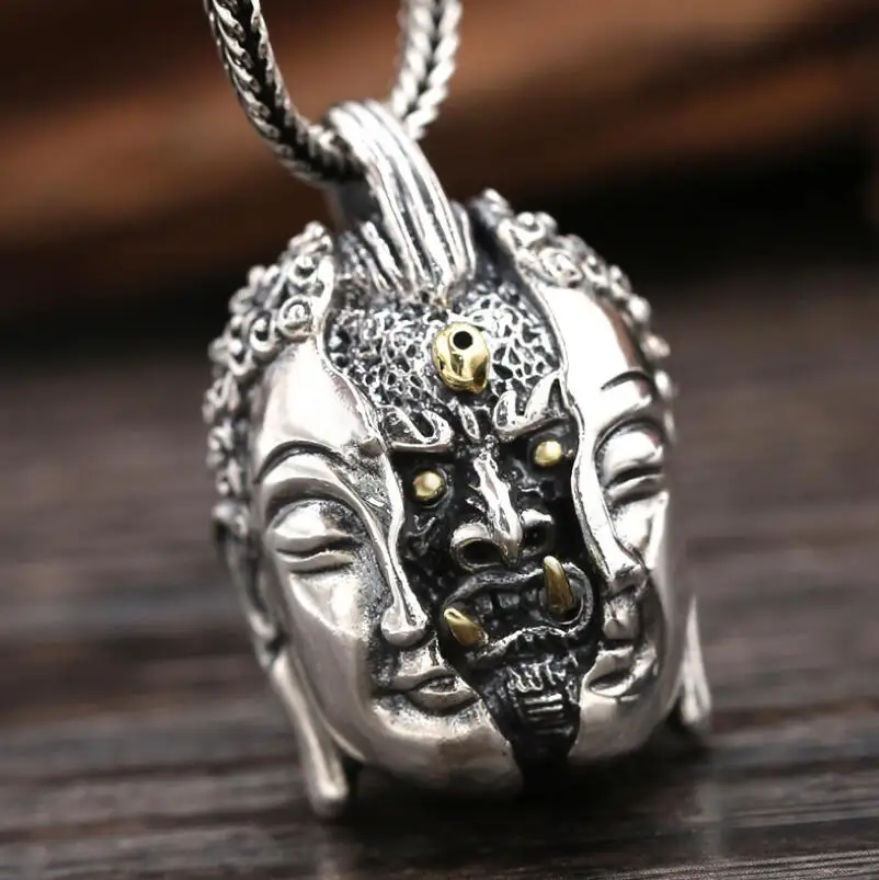 

Unibabe S925 Sterling Silver Jewelry hand-carved Buddha Head Religous Pendant (FGL)