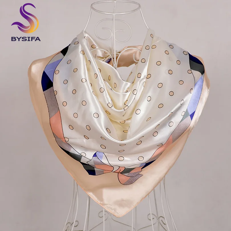 [BYSIFA] Women Scarf New Black Beige Silk Square Scarf Shawl Ladies Dot Prin Winter Scarves Bandana Spring Fall Head Scarfs Blue