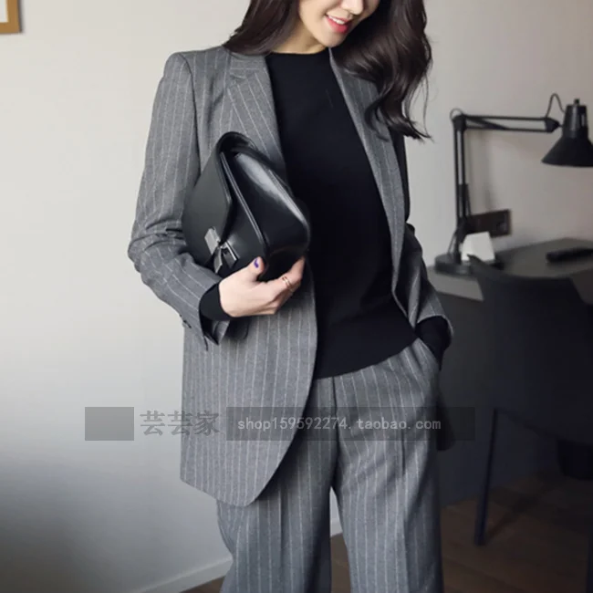 2019  High end Work Fashion Pant Suits 2 Piece Set for Women   Striped Blazer Jacket & Trouser Office Lady Suit Feminino