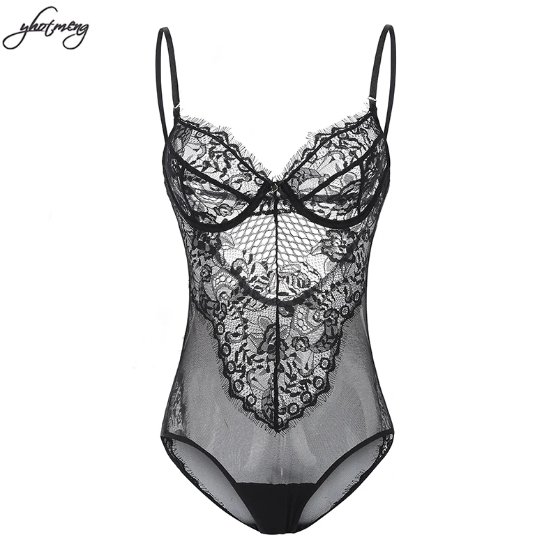 Yhotmeng sexy temptation female eyelashes mesh stitching backless transparent soft lace with steel ring gathered jumpsuit suit