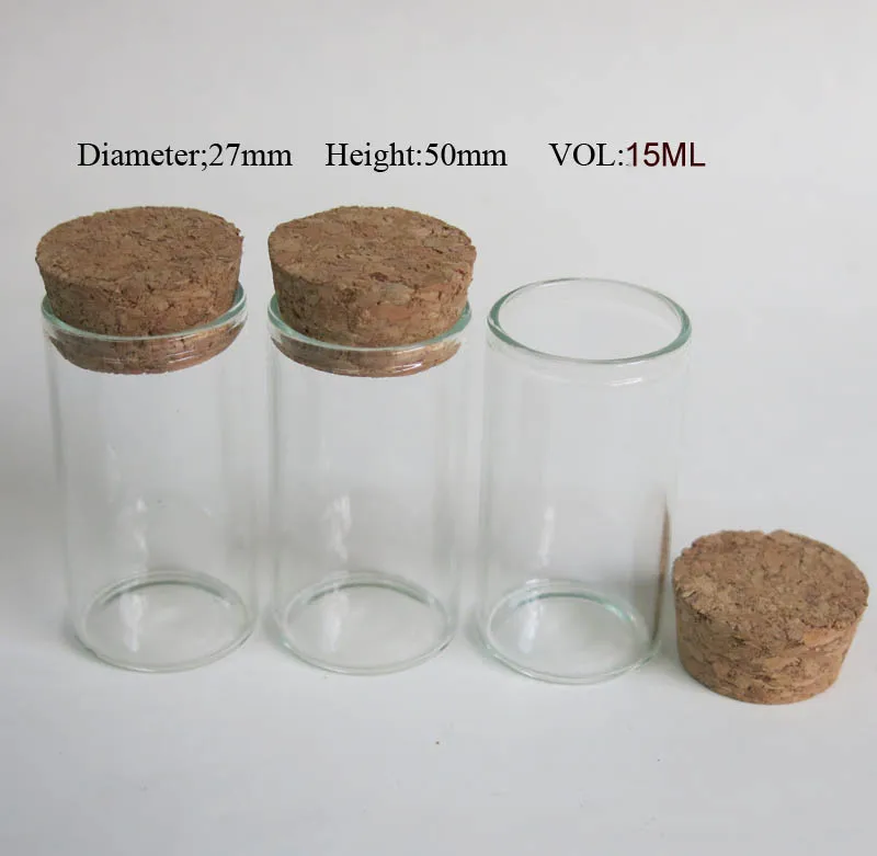 100 x 15 ml leerer Glasbehälter mit Holzkorken, 15 cc Korkverschlussrohr, Probenfläschchen, 27 x 50 mm, klare Behälterflasche