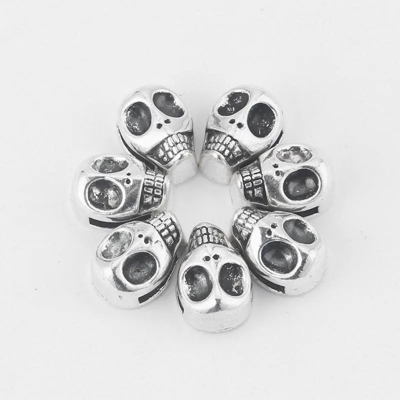 10pcs Tibetan Silver Skull Head Slider Bead Large Hole10*2mm Flat Leather Cord For Men Diy Bracelet Necklace Jewelry Making