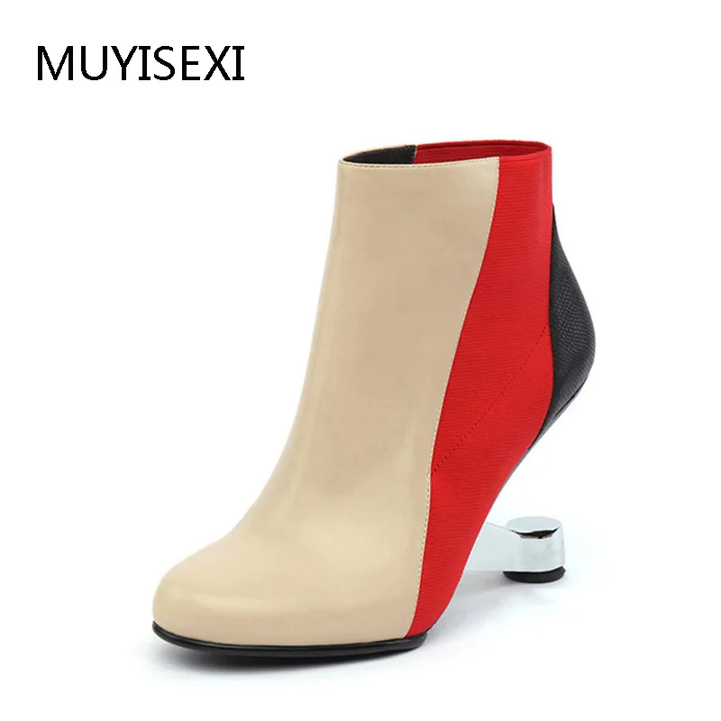 

Ankle Boots for Women Genuine Leather Stitching Types Elastic Band Mixed Color 9 cm Metal High Heel Shoes Women HL83 MUYISEXI