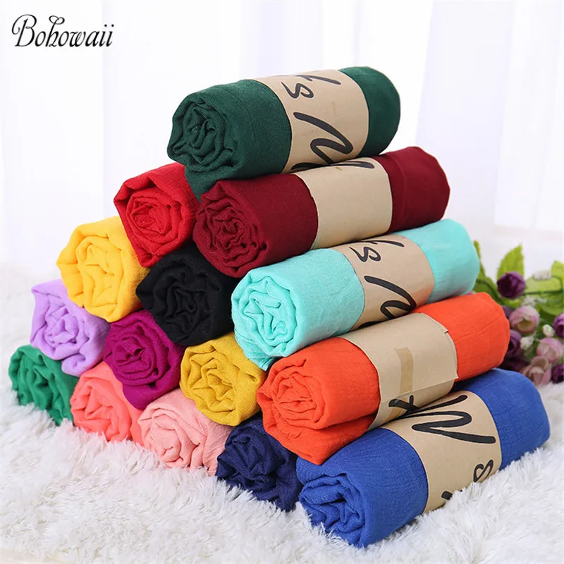 BOHOWAII Pashmina Shawl Oversized Head Scarves Musulman Turban Female Winter 170x50cm Cotton Blends Long Hijab Scarf for Women