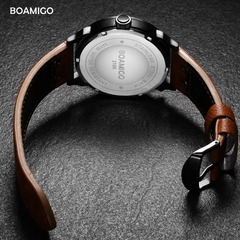 mens watches fashion men sport quartz watch BOAMIGO brand dual time date wristwatches leather strap waterproof relogio masculino