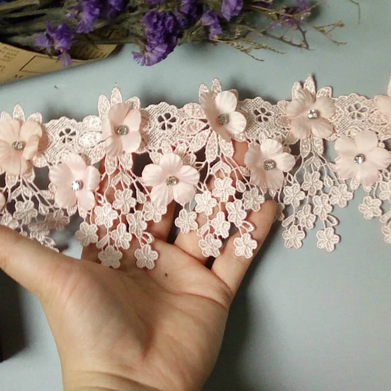 

2 Yard Pink 9cm Pearl 3D Flower Tassel Lace Trim Ribbon Fabric Embroidered Applique Sewing Craft Wedding Dress Clothes New