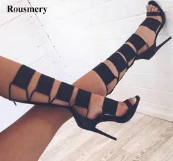 Hot Sale Women Fashion Cut-out Black Leather Mid-calf High Heel Sandal Boots Sexy Zipper-up Gladiator Boots Dress Shoes