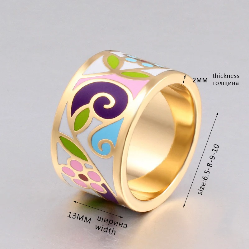 New Arrival Flower Enamel  Gold-Color 1.3CM Big Rings for Women Ethnic Stainless Steel Jewelry Mother Gift