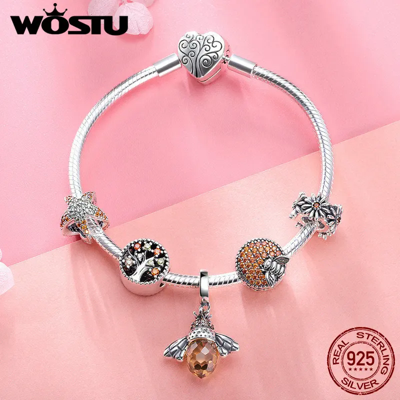 WOSTU Original Real 925 Sterling Silver Bee & Daisy Yellow Style Charm Bracelet For Women S925 Silver Bead Jewelry Gift CQB805