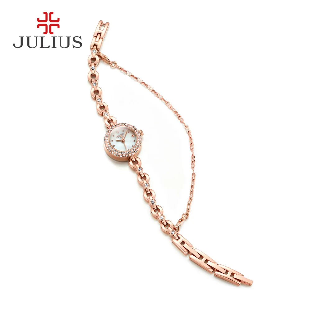 Julius Beautiful Watches for Girls Zircon Bracelate Quartz Wristwatch Rose Gold Shell Pearl Ladies Dress Relogio Women JA-1001