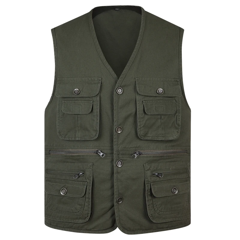 

Multi Pocket Male Casual Vest For Summer Cotton Thin Army Green Sleeveless Jacket Wiht Many Pockets Photographer Baggy Waistcoat