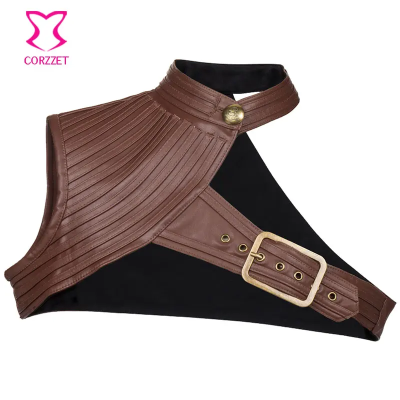 Brown faux leather one-shoulder halter cổ áo vênh vành đai steampunk bolero jacket corset outwear phụ kiện cho gothic clothing