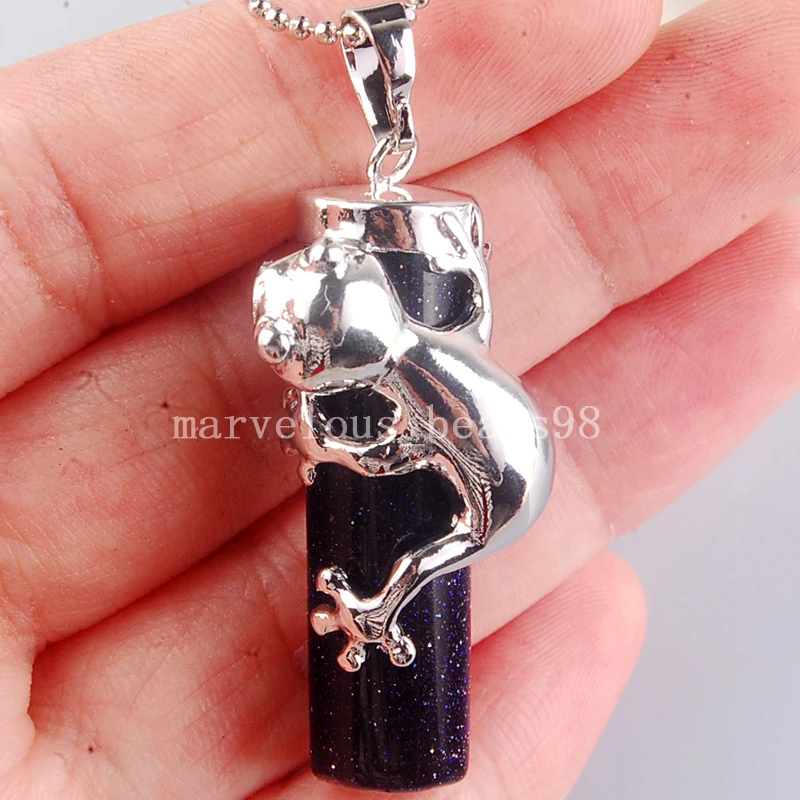 Beautiful jewelry 15x41mm Genuine Blue Goldstone Frog amplected column Pendant Necklace with Chain  PC3873