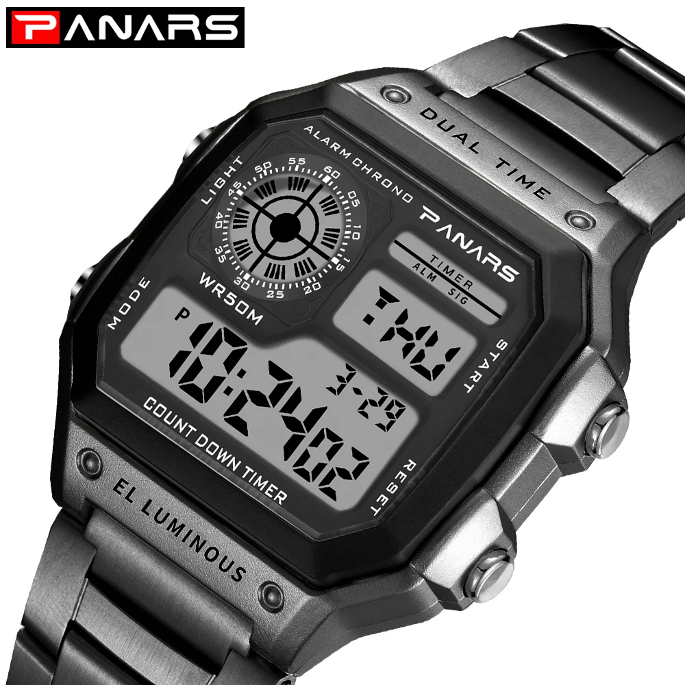 PANARS G style Sports Watch Man Count Down Waterproof Watch Stainless Steel Digital Wristwatches Male Clock Relogio Masculino