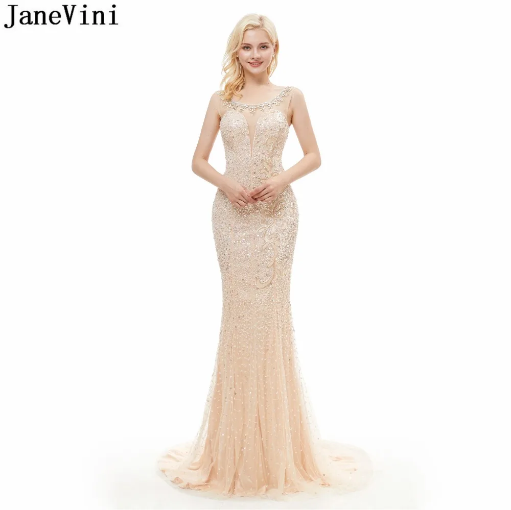 

JaneVini Vintage Long Bridesmaid Dresses Luxury Champagne Mermaid Prom Dress Beading Scoop Neck Sweep Train Formal Party Gowns