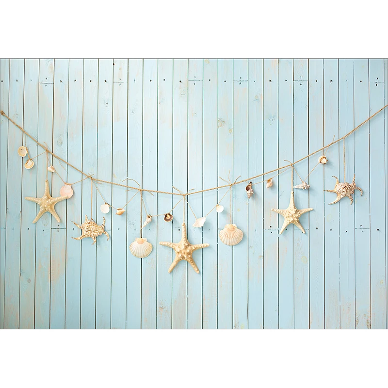 Allenjoy photography backdrop Summer baby blue wooden board starfish shell decor photo background studio photocall photophone